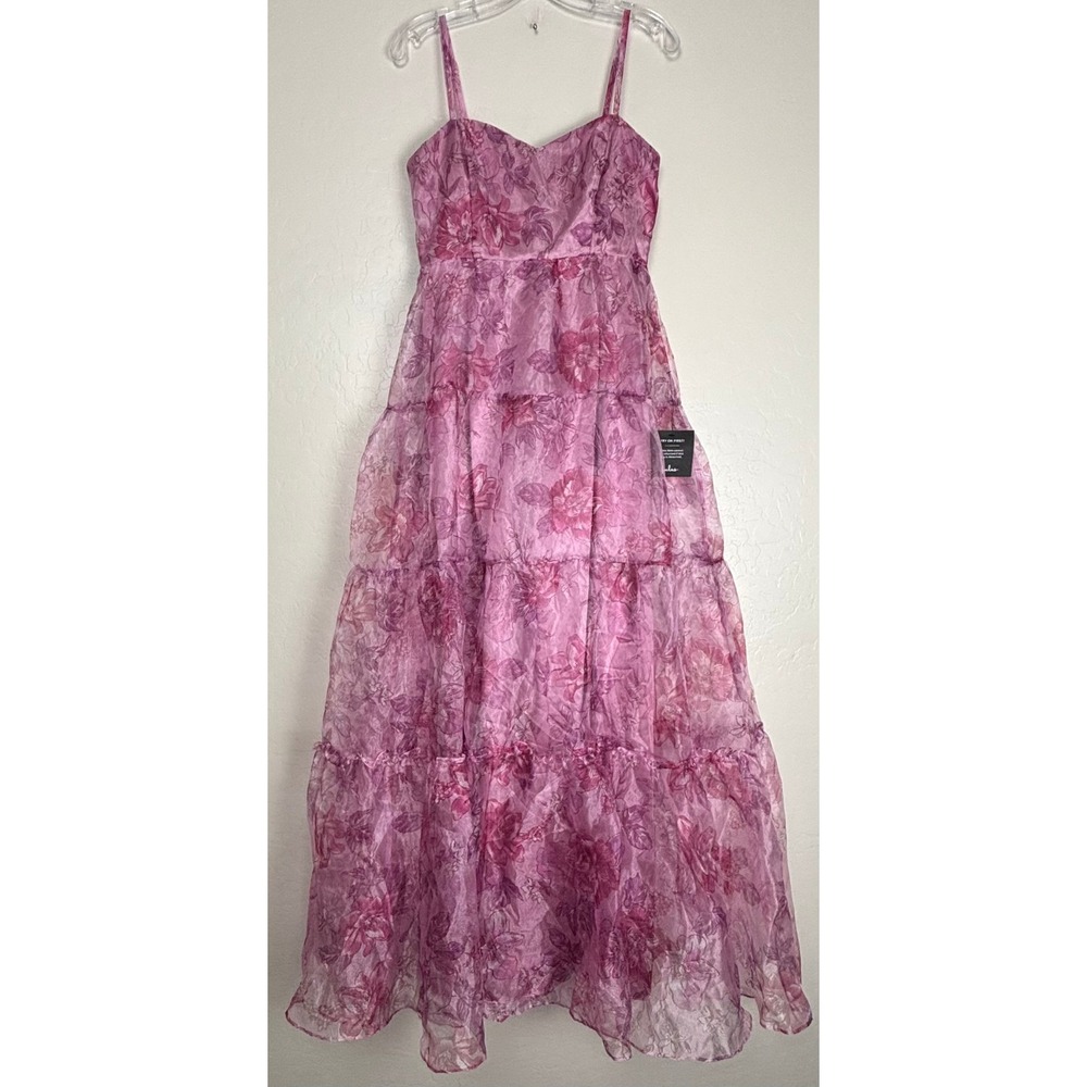 Lulus Exclusive Glamour Pink Floral Organza Tiered Maxi Dress Sweetheart S 2639